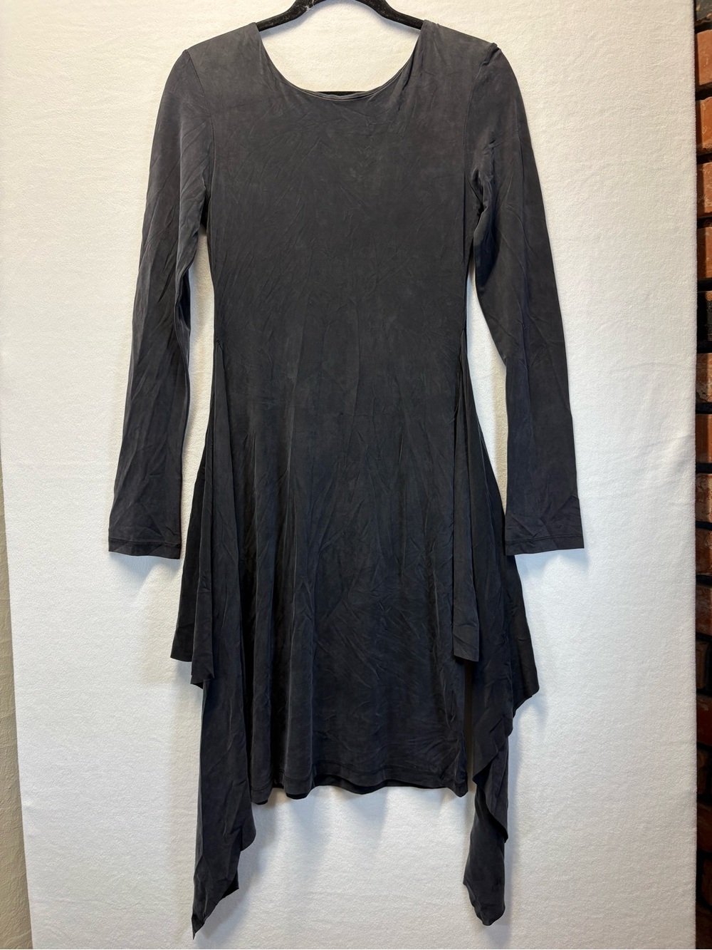Sally LaPointe Elegant Charcoal Black Asymmetrical Long-Sleeve Dress